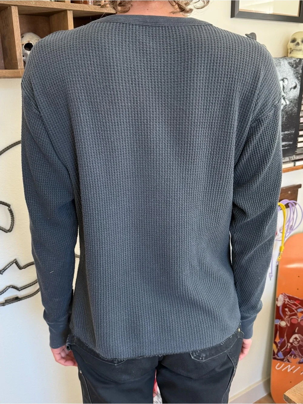 💀 SOLD 💀 Vintage 90s Y2K Faded Black Waffle Thermal Grunge Skater Streetwear ~ L